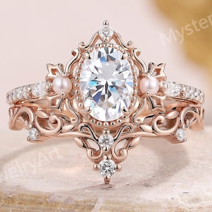 Art Deco Moissanite Engagement Ring Set Rose Gold Floral Leaf Ring Stacking Ring Set Bridal Set Vintage Vine Rings Anniversary Gifts for Her