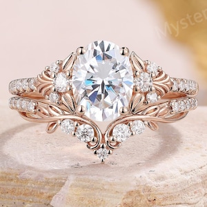Art Deco Leaf Ring Set Rose Gold Moissanite Ring Oval Moissanite Engagement Ring set Bridal Set Vintage Rings Anniversary Gifts for Her