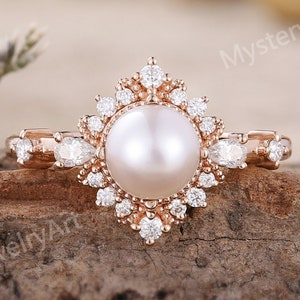 Vintage Pearl Engagement Ring Rose Gold Ring Moissanite Wedding Ring Unique Pearl Ring Diamond Ring Dainty Pearl Ring Rings for Women