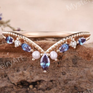 Unique Alexandrite Wedding Band Rose Gold Wedding Ring Alexandrite Ring Moissanite Ring Chevron Ring Pearl Ring Stackable Rings for Women