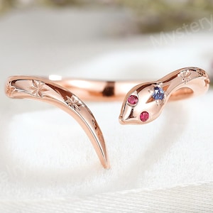 Unique Ruby Alexandrite Wedding Band Gold Snake Ring Art Deco Adjust Wedding Ring Animal Stackable Rings Statement Ring Snake Jewelry Gifts