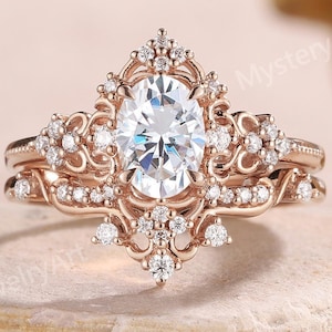 Art Deco Moissanite Engagement Ring Set Rose Gold Floral Ring Natural Inspired Moissanite Ring Bridal Set Vintage Rings Anniversary Gifts