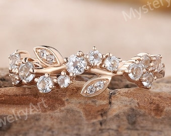 Vintage Moissanite Wedding Band Rose Gold Ring Diamond Vine Ring Leaf Floral Ring Moissanite Wedding Ring Art Deco Anniversary Gifts for Her