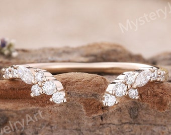 Vintage Moissanite Wedding Band Rose Gold Wedding Ring Open Wedding Band Diamond Ring Stackable Rings Promise Ring Anniversary Gifts for Her