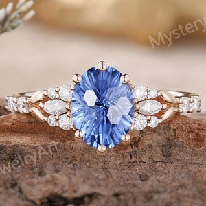 Vintage Sapphire Engagement Ring Millennium Cut Sapphire Ring Solid Gold Moissanite Ring Daisy Cut Fireworks Ring Promise Rings for Women
