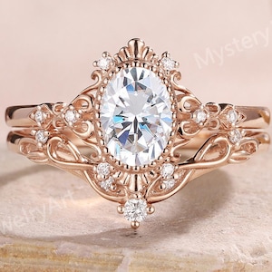 Art Deco Oval Moissanite Engagement Ring Set Rose Gold Floral Ring Moissanite Bridal Set Vintage Rings Custom Ring Anniversary Gifts for Her