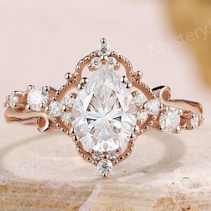 Vintage Pear Moissanite Ring Rose Gold Engagement Ring Art Deco Floral Ring Dimond Cluster Ring Custom Handmade Ring Promise Rings for Women