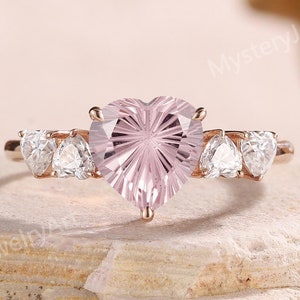 Unique Millennium Cut Pink Sapphire Engagement Ring Rose Gold Heart Cut Peach Sapphire Ring Moissanite Cluster Ring Daisy Cut Fireworks Ring