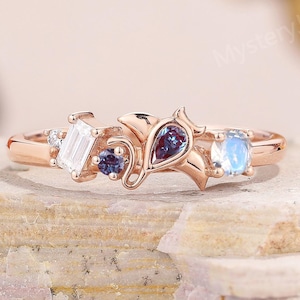 Unique Bat Ring Gothic Alexandrite Ring Rose Gold Moonstone Ring Birthstone Ring Moissanite Ring Cluster Animal Wedding Ring Halloween Rings