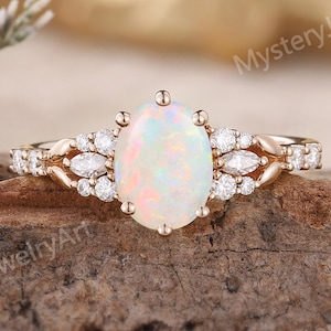 Unique Opal Engagement Ring Rose Gold Ring Natural Inspired Ring Moissanite Ring Dainty Diamond Ring Vintage Rings Anniversary Gifts for Her