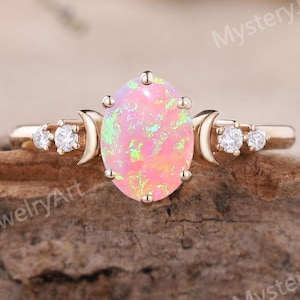 Oval Pink Opal Moon Ring with Moissanite Accents in Rose Gold – Celestial Engagement Ring
