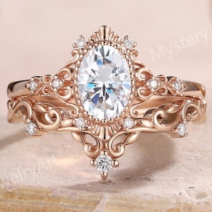 Vintage Moissanite Engagement Ring Set Rose Gold Floral Ring Stacking Ring Set Moissanite Bridal Set Art Deco Ring Anniversary Gifts for Her
