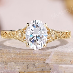 Vintage Moissanite Engagement Ring Rose Gold Flower Ring Natural Inspired Floral Leaf Ring Unique Diamond Cluster Ring Art Deco Promise Ring