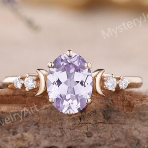 Unique Lavender Sapphire Engagement Ring Rose Gold Purple Sapphire Ring Moissanite Cluster Moon Ring Celestial Ring Promise Ring for Women