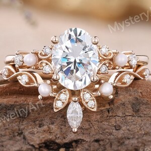 Unique Moissanite Engagement Ring Set Rose Gold Ring Pearl Ring Oval Moissanite Ring Vintage Rings Wedding Ring Set Promise Rings for Women