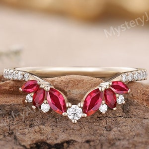 Unique Ruby Wedding Band Rose Gold Ruby Ring Pave Chevron Wedding Band Moissanite Cluster Ring Stackable Rings Art Deco Ruby Rings for Women