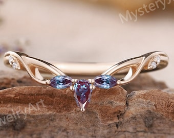 Unique Alexandrite Wedding Band Curved Wedding Ring Rose Gold Ring Chevron Ring Wedding Bands Women Vintage Rings Stackable Rings for Women
