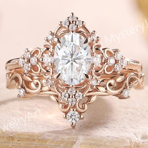 Art Deco Moissanite Engagement Ring Set Rose Gold Floral Leaf Ring Oval Moissanite Ring Bridal Set Vintage Rings Anniversary Gifts for Her