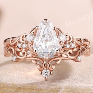 Art Deco Coffin Cut Moissanite Engagement Ring Set Rose Gold Floral Leaf Ring Bridal Set Moissanite Cluster Ring Vintage Rings for Women