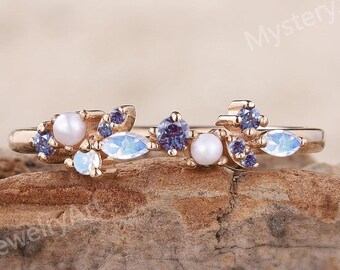 Unique Pearl Alexandrite Ring Rose Gold Moonstone Ring Birthstone Ring Pearl Ring Cluster Wedding Ring Custom Anniversary Gift for Her