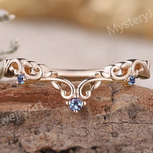 Unique Alexandrite Wedding Band Curved Wedding Ring Solid Gold Ring Chevron Ring Wedding Bands Women Floral Ring Stackable Rings for Women