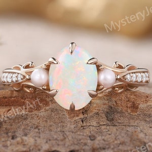 Vintage Opal Engagement Ring Rose Gold Moissanite Ring Pearl Wedding Ring Dainty Opal Ring Unique Anniversary Gifts Promise Ring for Women