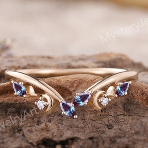 Unique Alexandrite Wedding Band Moon Ring Natural Inspired Ring Alexandrite Ring Moissanite Ring Rose Gold Ring Anniversary Gifts for Her