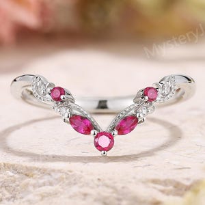 Marquise Ruby Rose Gold Wedding Band Vintage Moissanite Cluster Ring Curved Wedding Band Stackable Rings Vintage Promise Rings for Women