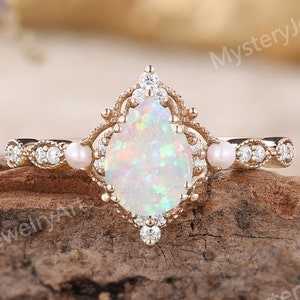 Vintage Pear Opal Engagement Ring Rose Gold Moissanite Pearl Art Deco Ring Dainty Opal Ring Anniversary Gift Diamond Promise Ring for Women