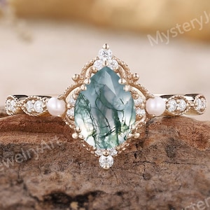 Vintage Moss Agate Engagement Ring Rose Gold Moss Agate Ring Dainty Pearl Ring Moissanite Cluster Ring Milgrain ring Promise Rings for Women