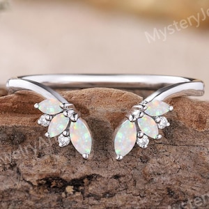 Vintage Opal Wedding Band Rose Gold Moissanite Curved Wedding Band Natural Opal Open Wedding Band Custom Chevron Ring Promise Ring for Women