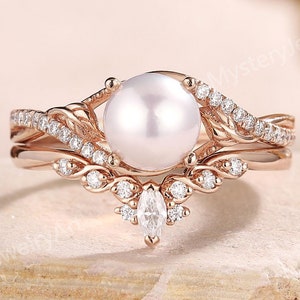 Vintage Perle Verlobungs Ring Set Rose Gold Ring Set Einzigartige Diamant Ring Perle Ring Cluster Ring Moissanite Ehering Set Ringe für Frauen