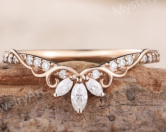 Art Deco Floral Moissanite Wedding Band, Solid Gold Curved Anniversary Ring