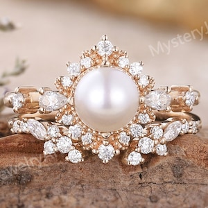 Vintage Pearl Engagement Ring Set Rose Gold Ring Set Dainty Pearl Ring Moissanite Ring Cluster Ring Stacking Ring Set Unique Rings for Women