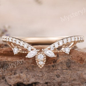 Fede nuziale vintage con moissanite, anello con diamanti, anello nuziale curvo, anello in oro rosa, anelli impilabili, anello personalizzato unico, regali di anniversario per lei