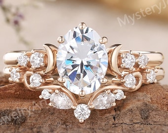 Vintage Moissanite Engagement Ring Set Moon Ring Rose Gold Ring Oval Moissanite Ring Cluster Ring Bridal Set Art Deco Promise Ring for Women
