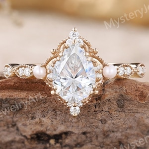 Vintage Moissanite Engagement Ring Rose Gold Pearl Cluster Ring Pear Moissanite Ring Unique Milgrain Infinity Ring Art Deco Promise Rings