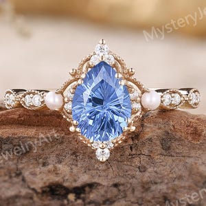 Millenium Cut Sapphire Verlobungsring Rose Gold Blauer Saphir Ring Vintage Moissanit Perle Cluster Ring Daisy Cut Feuerwerk Versprechen Ringe
