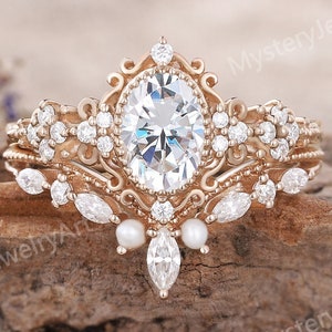 Vintage Moissanite Engagement Ring Set Rose Gold Ring Set Pearl Ring Bridal Set Moissanite Cluster Ring Diamond Ring Promise Rings for Women