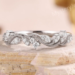 Anillo de boda vintage de moissanita, anillo de oro blanco con forma de vid, anillo de boda con forma de hoja y flores, anillo de moissanita, anillo de compromiso, anillos de promesa para mujeres
