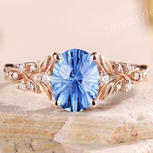 Unique Millennium Cut Sapphire Engagement Ring Rose Gold Sapphire Ring Moissanite Cluster Leaf Ring Daisy Cut Fireworks Vine Rings for Her