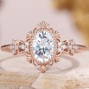 Vintage Moissanite Engagement Ring Rose Gold Floral Ring Oval Moissanite Ring Art Deco Crown Ring Custom Diamond Promise Rings for Women