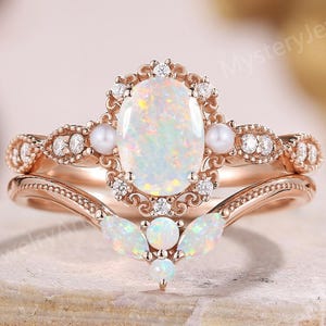 Vintage Opal Engagement Ring Set Rose Gold Opal Ring Moissanite Pearl Ring Rainbow Opal Stackable Ring Art Deco Opal Promise Rings for Women