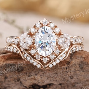 Unique Moissanite Engagement Ring Set Rose Gold Ring Set Oval Moissanite Ring Diamond Wedding Ring Set Vintage Rings Promise Rings for Women