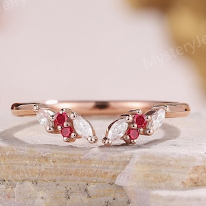 Unique Marquise Ruby Wedding Band Rose Gold Open Wedding Band Moissanite Cluster Ring Vintage Stackable Rings Custom Promise Rings for Women