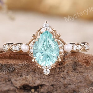 Millenium Cut hellgrün Saphir Verlobungsring Rosegold Petrol Saphir Ring Moissanit Cluster Ring Daisy Cut Feuerwerk Versprechen Ringe