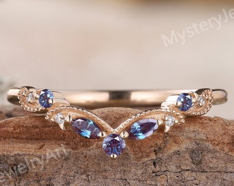 Marquise Alexandrite Wedding Band: Solid Gold Moissanite Cluster Ring