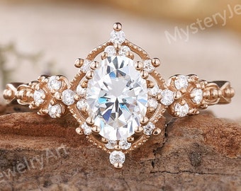 Oval Moissanite Engagement Ring, Rose Gold Art Deco Diamond Cluster Band