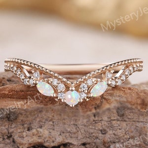 Vintage Opal Wedding Band Solid Gold Floral Ring Curved Wedding Ring Moissanite Ring Rainbow Opal Stackable Rings Anniversary Gifts for Her