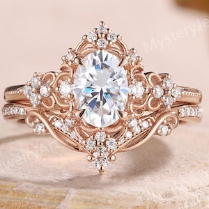Vintage Moissanite Stacking Ring Set Rose Gold Bridal Set Moissanite Floral Ring Diamond Cluster Ring Art Deco Anniversary Gifts for Her